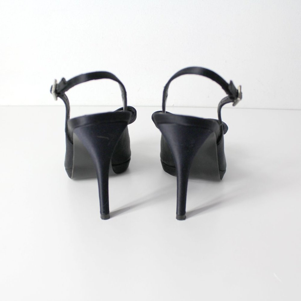 St John Black Satin Peep Toe Slingback Evening High Heels Bow Jeweled Shoes 6M - Picture 7 of 15